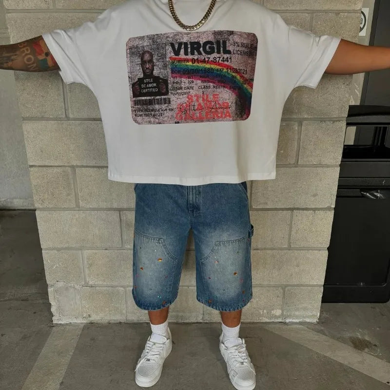 American High Street Trendy Brand Letters Anime Print Oversized Short-sleeved Tops Men Y2k Fashion Retro Casual T-shirts Women Street King Limited