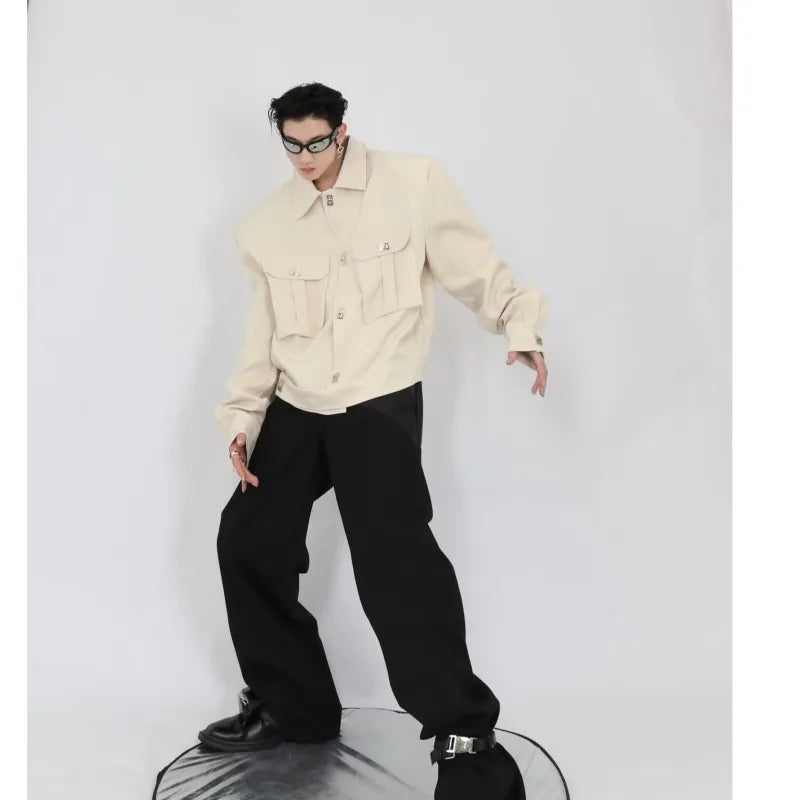 trendy high street jacket mens unisex metal button shoulder pad short coats multi pocket punk hip hop loose outwear oversized relaxed fit shorts