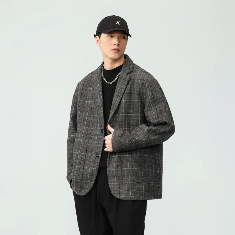 men autumn winter retro casual plus size thick plaid blazer jacket commuter man business streetwear fashion suit coat outerwear unique default style 1371