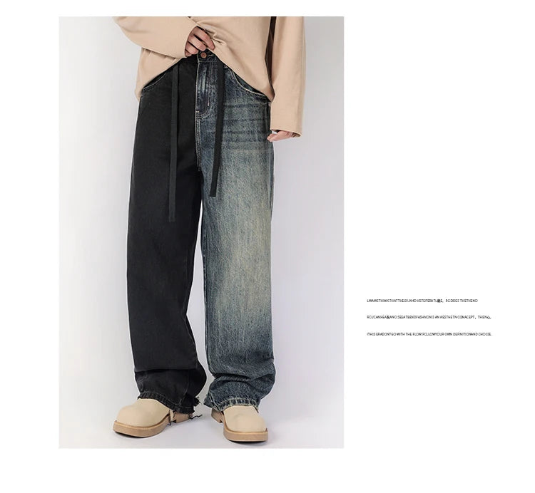 men streetwear fashion black blue splice hip hop loose casual wide leg straight baggy jeans pant cityboy jeans pants trousers unique jeans style 2528