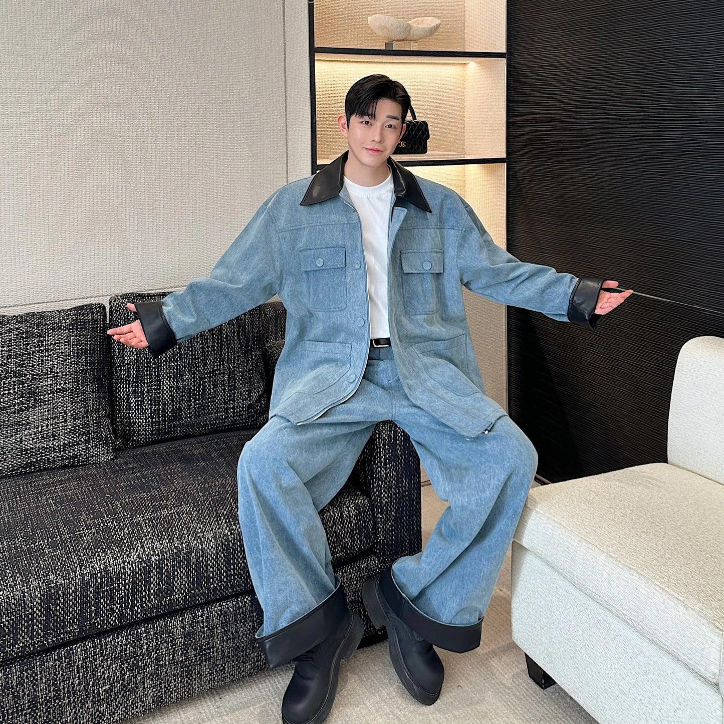 fashion show suits men streetwear washed denim splice loose casual jacket wide leg jeans pants 2 piece sets coat trousers suits unique jeans style 2629