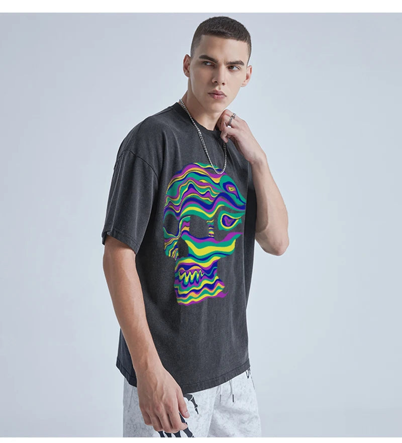Rainbowtouches Washed Men T Shirt 2022 Summer Vintage Unisex High Street Skulls Pattern Oversize Fashion Mens Graphic T-Shirts Street King Limited