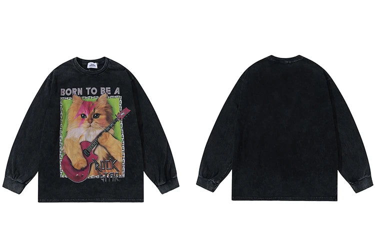 Hip Hop Long Sleeve Tshirt Streetwear Guitar Cat Graphic Printed Cotton Retro Washed T-Shirt Men Harajuku Punk Gothic Tee Shirts Street King Limited