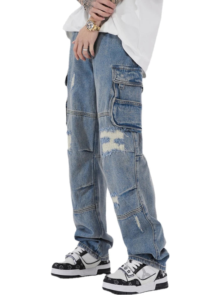mens baggy jeans side big pocket distressed ripped denim jean straight pants high street cargo jean pants hip hop joggers jeans sporty tapered joggers