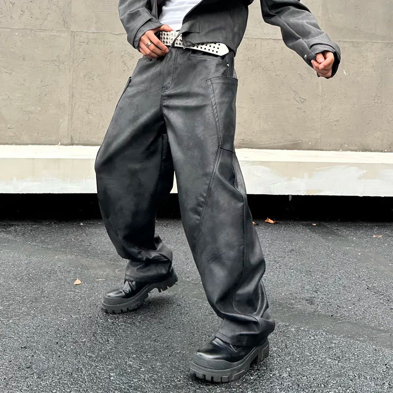 men brand fashion splice pocket loose casual wide leg leather baggy pant cityboy streetwear cargo motorcycle pants trousers baggy cargo bottoms