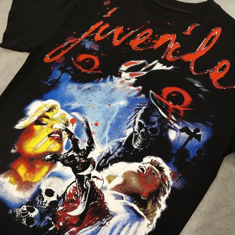 Trendy Brand Rock Punk Streetwear Y2K Harajuku Gothic Retro Pattern Printed Oversized T-shirt Men American Hip-hop Casual Tops Street King Limited