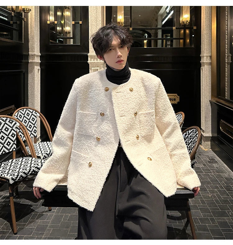 men french fashion retro double breasted woolen loose casual short jacket man autumn winter korean streetwear thicken coat top unique shorts style 1430