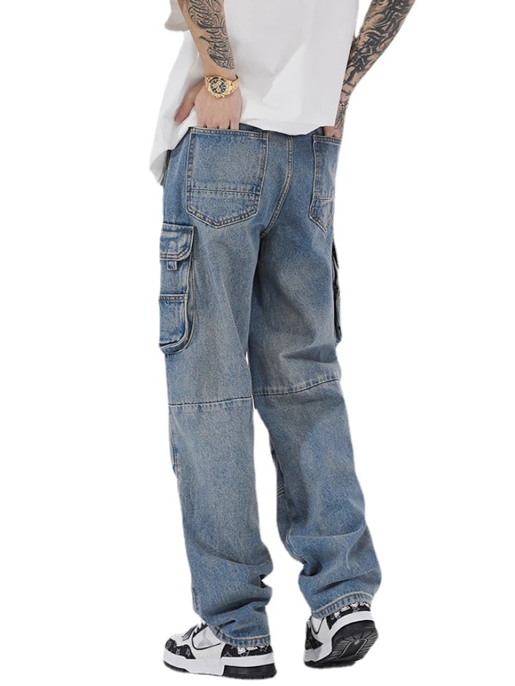 mens baggy jeans side big pocket distressed ripped denim jean straight pants high street cargo jean pants hip hop joggers jeans relaxed fit joggers