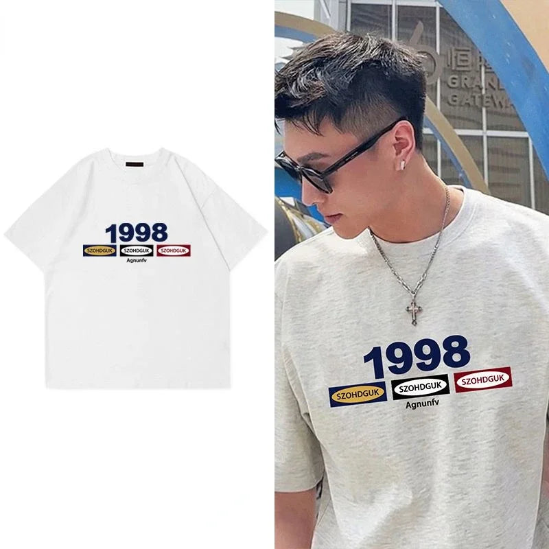 Summer Korean Street Creative Ins Letter Printed Short sleeved T shirt Men Trendy Y2K Loose Personality Casual Round Neck Y2K Street King Limited