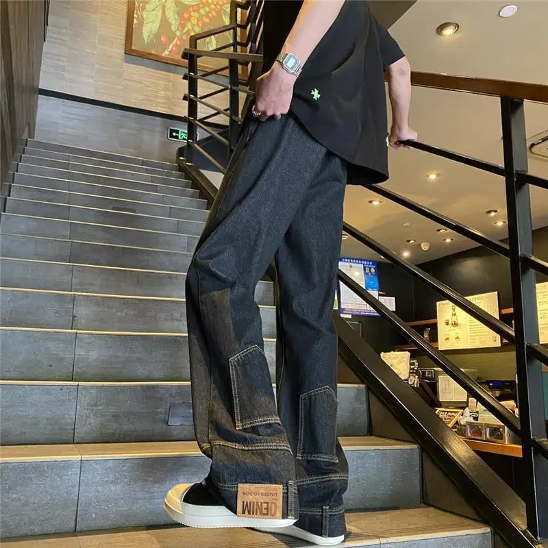 autumn vintage high street straight washed denim jeans for men and women trendy hip hop personality inverted loose casual pants unique jeans style 634