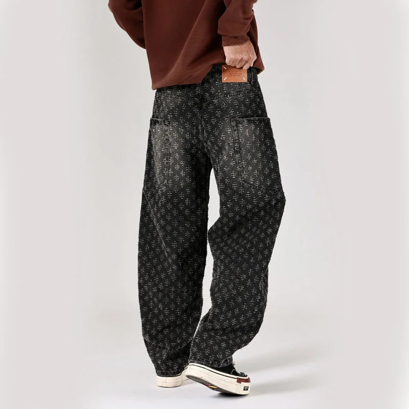 men brand fashion loose casual splice pocket jacquard vintage wide leg baggy jeans cityboy denim baggy jeans pants trousers urban skinny jeans