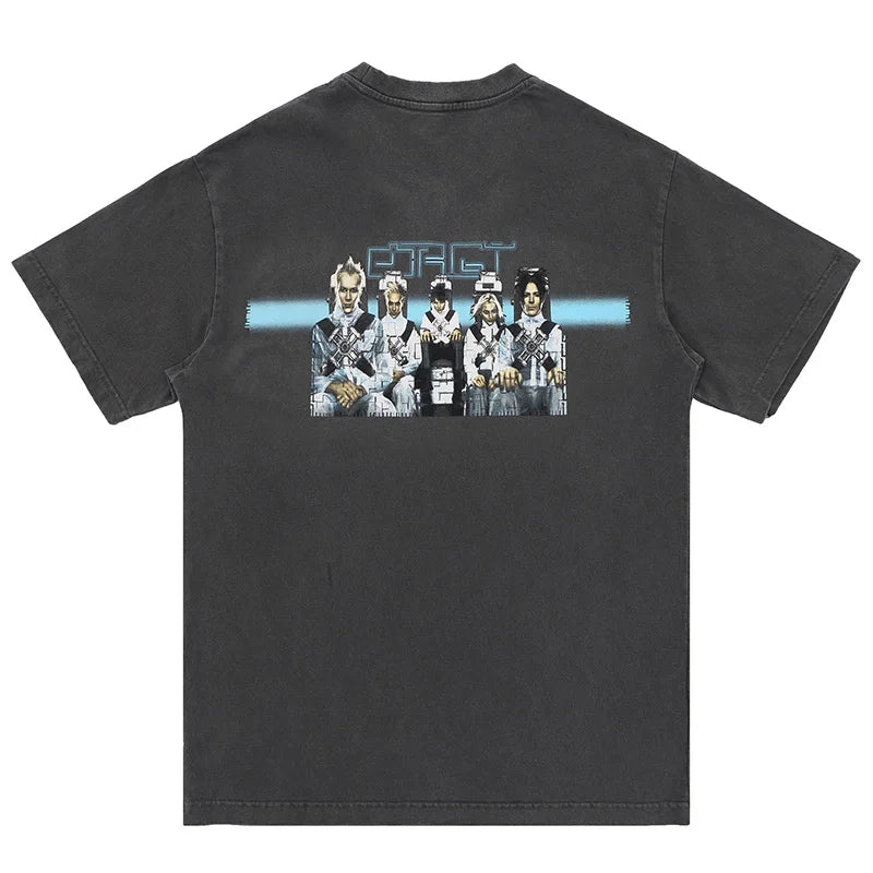 New Vintage Wash T Shirts Men Woman Abstract Luminescence Blue Ribbon Future Warrior Printing Loose Casual Top Tees Street King Limited