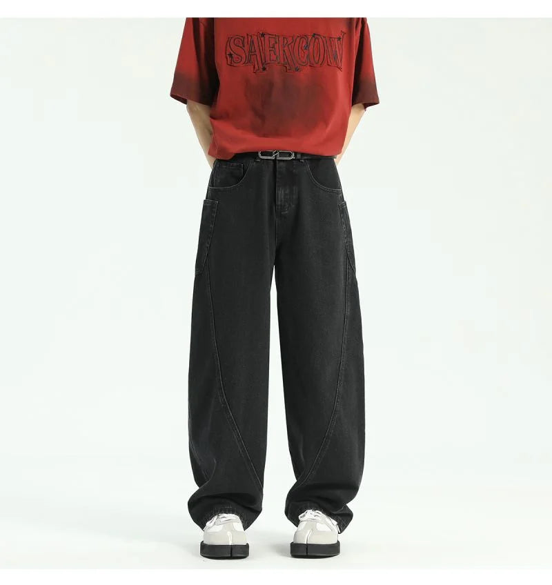 new vintage men s patchwork baggy jeans draped straight leg denim trousers autumn korean fashion high street casual y2k jean unique jeans style 541