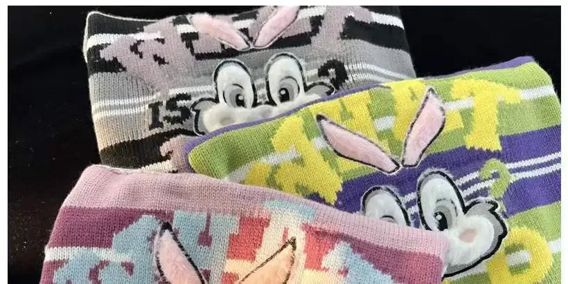 Sweet cool bunny striped knitted sweater for women in autumn and winter loose outer wear lazy style soft and waxy milk kawaii Street King Limited