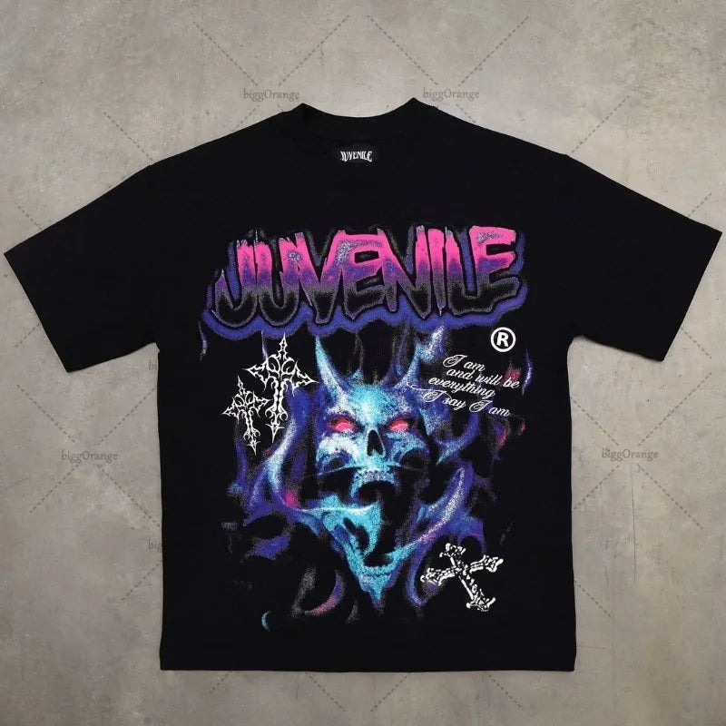 Trendy Brand Rock Punk Streetwear Y2K Harajuku Gothic Retro Pattern Printed Oversized T-shirt Men American Hip-hop Casual Tops Street King Limited