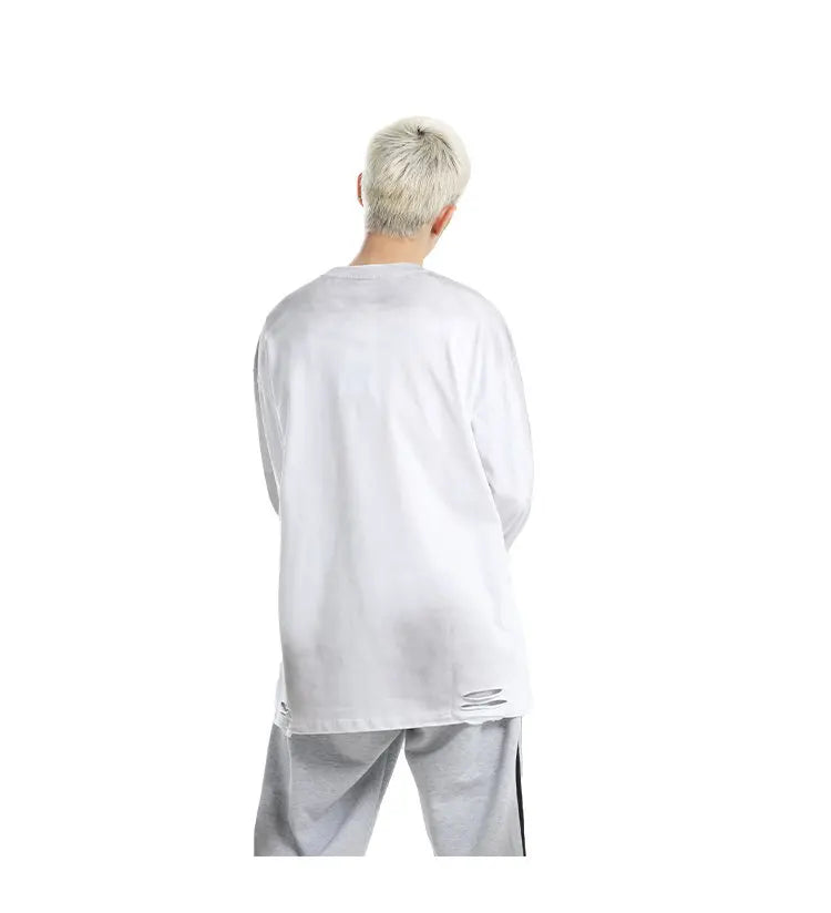 Men's Streetwear Hole Washed Cotton Long Sleeve Loose Casual T Shirt Tiki Y2k Clothes Oversized T-shirt for Men Tops Tshirt Street King Limited