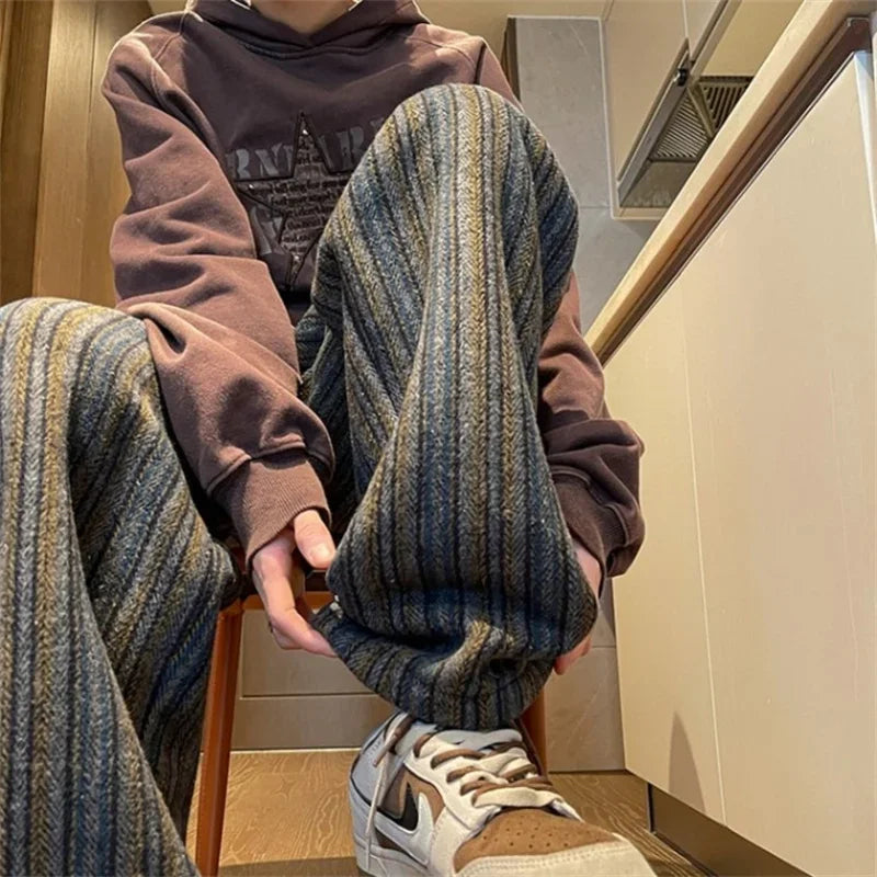 autumn striped woolen straight leg pants for men classic y2k vintage baggy trousers new casual high street fashion sweatpants 1 sporty tapered joggers