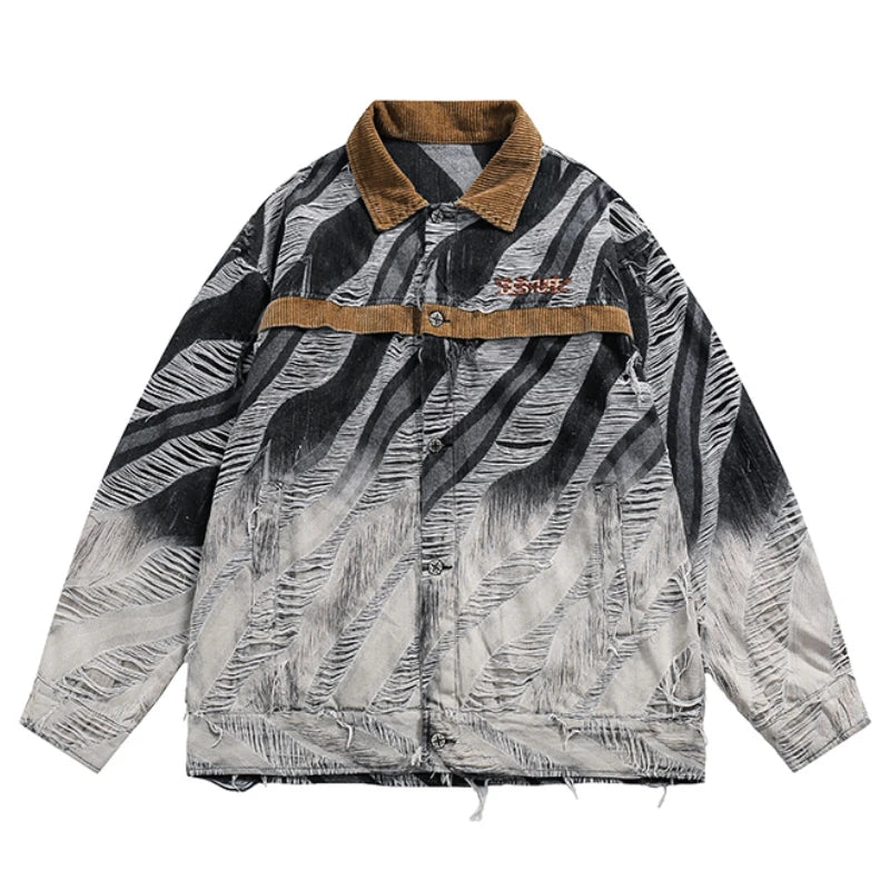 zebra printed harajuku denim jacket and coat mens hip hop patchwork ripped holes jeans outerwear casual streetwear jeans jackets unique jeans style 4687