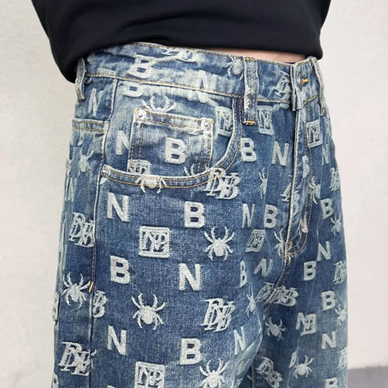 men jacquard streetwear hip hop vibe casual straight denim jeans pants boyfriend high street ripped jeans trousers unique jeans style 3007