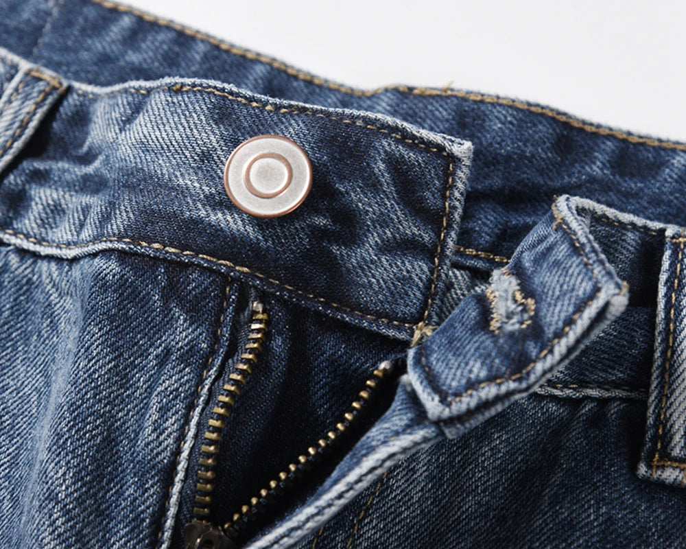 Contrast Color Hole Washed Blue Jeans for Men Streetwear Loose Ripped Flare Pants Frayed Retro Casual Oversized Denim Trousers Street King Limited