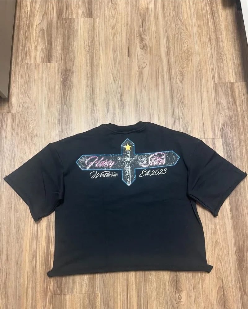 Trendy Brand Fashion Versatile Loose Half-sleeved Top Men Y2k Harajuku Hip-hop Rock Anime Cartoon Printed Short-sleeved T-shirt Street King Limited