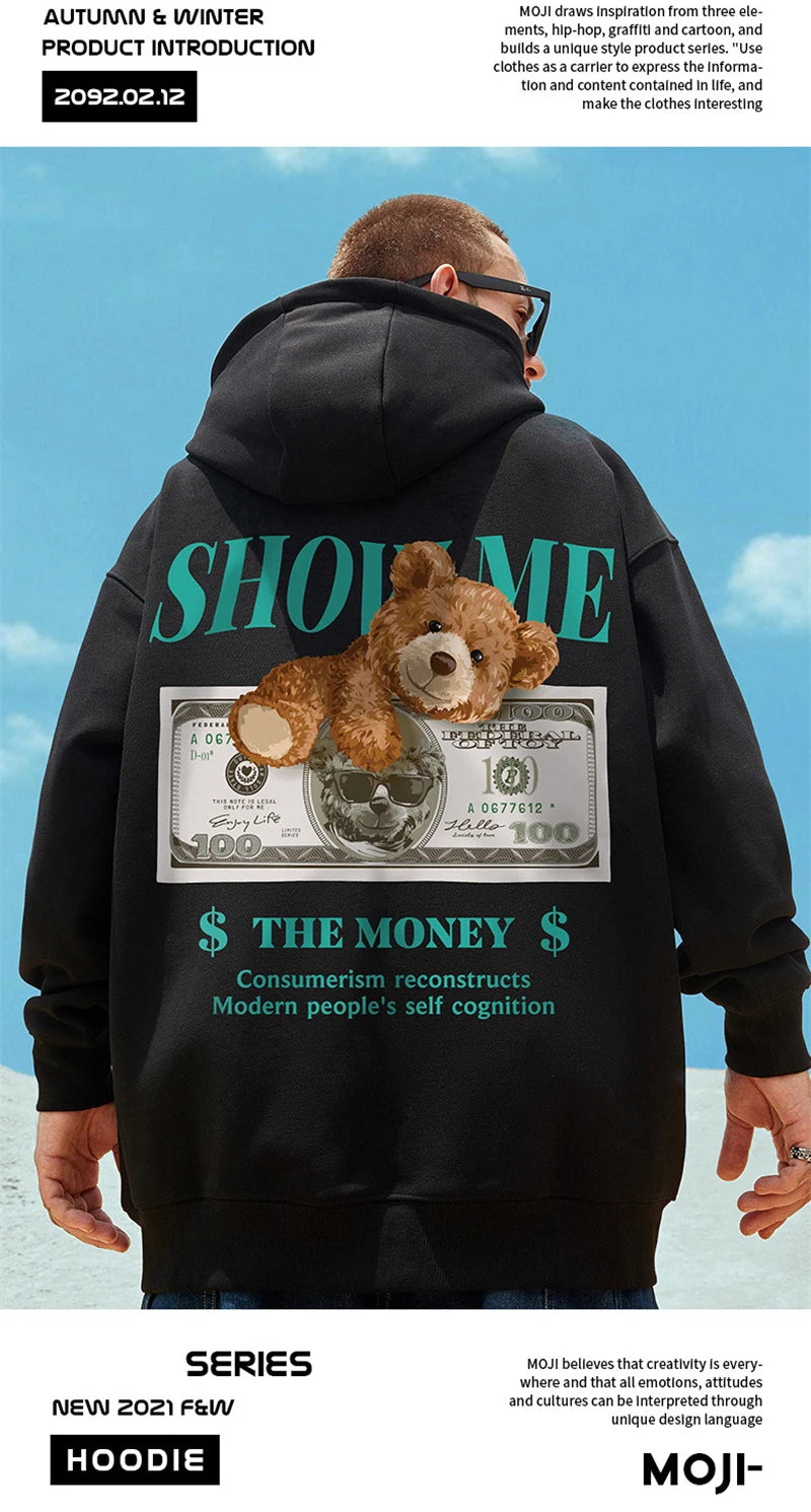 Money Bear Print Fleece Hoodies For Men Autumn Hip Hop Hooded Sweatshirts Unisex Pullovers Streetwear y2k Hoodie Tracksuit Homme Street King Limited