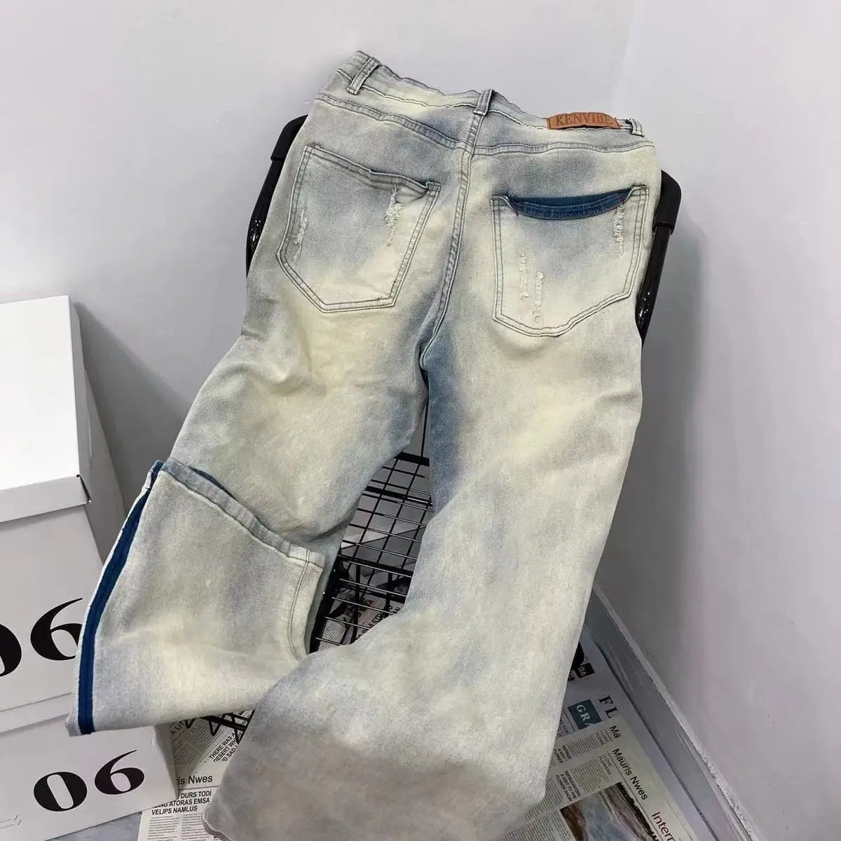 men and women trendy high street retro washed ripped color blocked jeans summer hip hop loose straight leg casual pants y2k unique jeans style 817