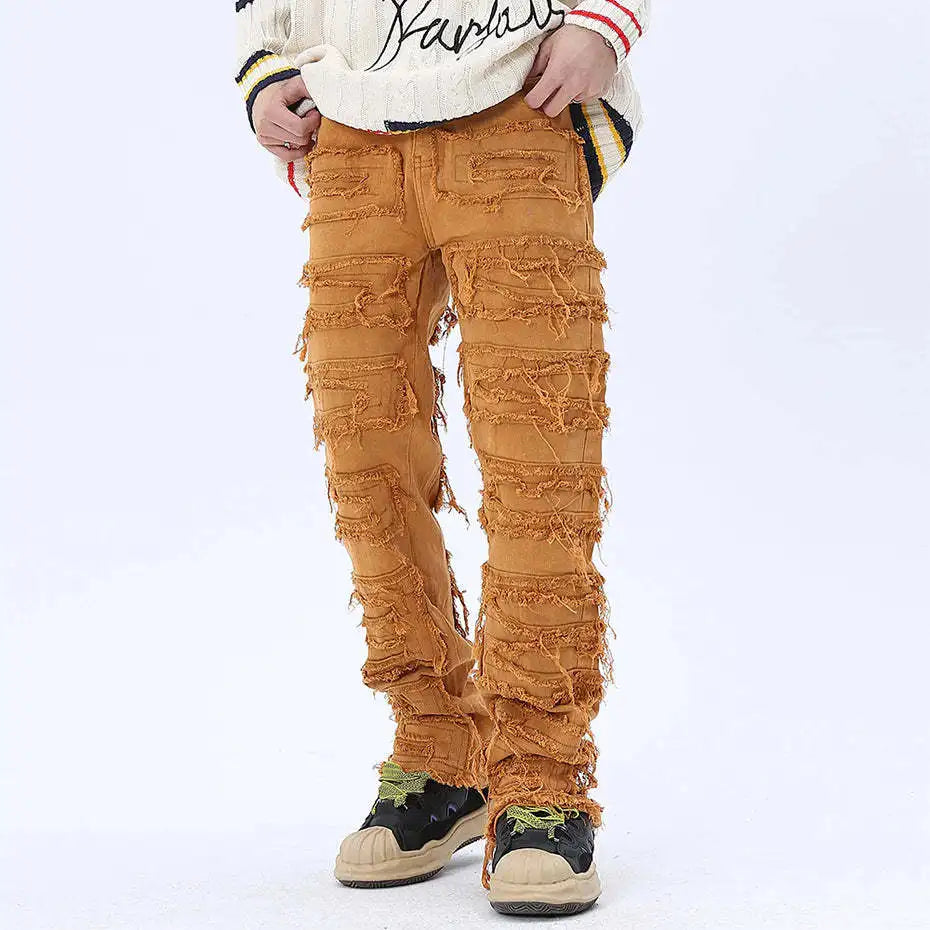 tassel hole spliced european and american straight leg denim pants new popular patch jeans mens wear stacked flare jeans