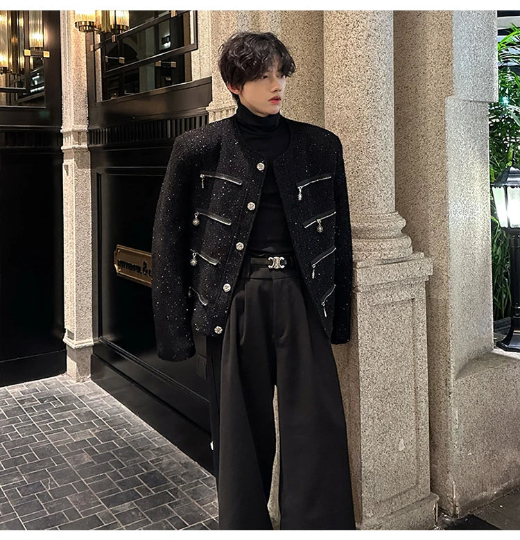 multi zipper sequin woolen jacket men french retro fashionable casual christmas jacket spring autumn coat stage show clothing unique default style 1445