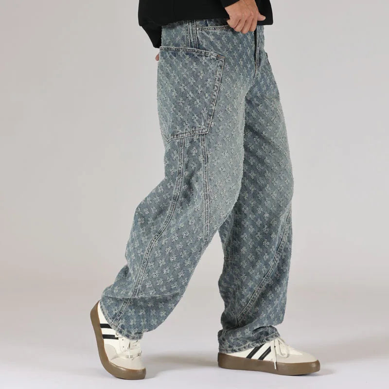 men brand fashion loose casual splice pocket jacquard vintage wide leg baggy jeans cityboy denim baggy jeans pants trousers stacked flare jeans
