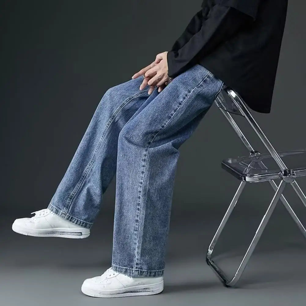 korean mens casual long jeans loose retro straight baggy pants denim wide leg pants light blue grey black retro washed jeans urban skinny jeans