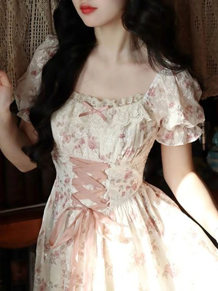 Summer Dress Y2k Floral Puff Sleeve Dress for Woman Robe Sexy Lace Up Side Split Chic Mid-Calf Aesthetic Dress Sexy Bodycon Robe Street King Limited