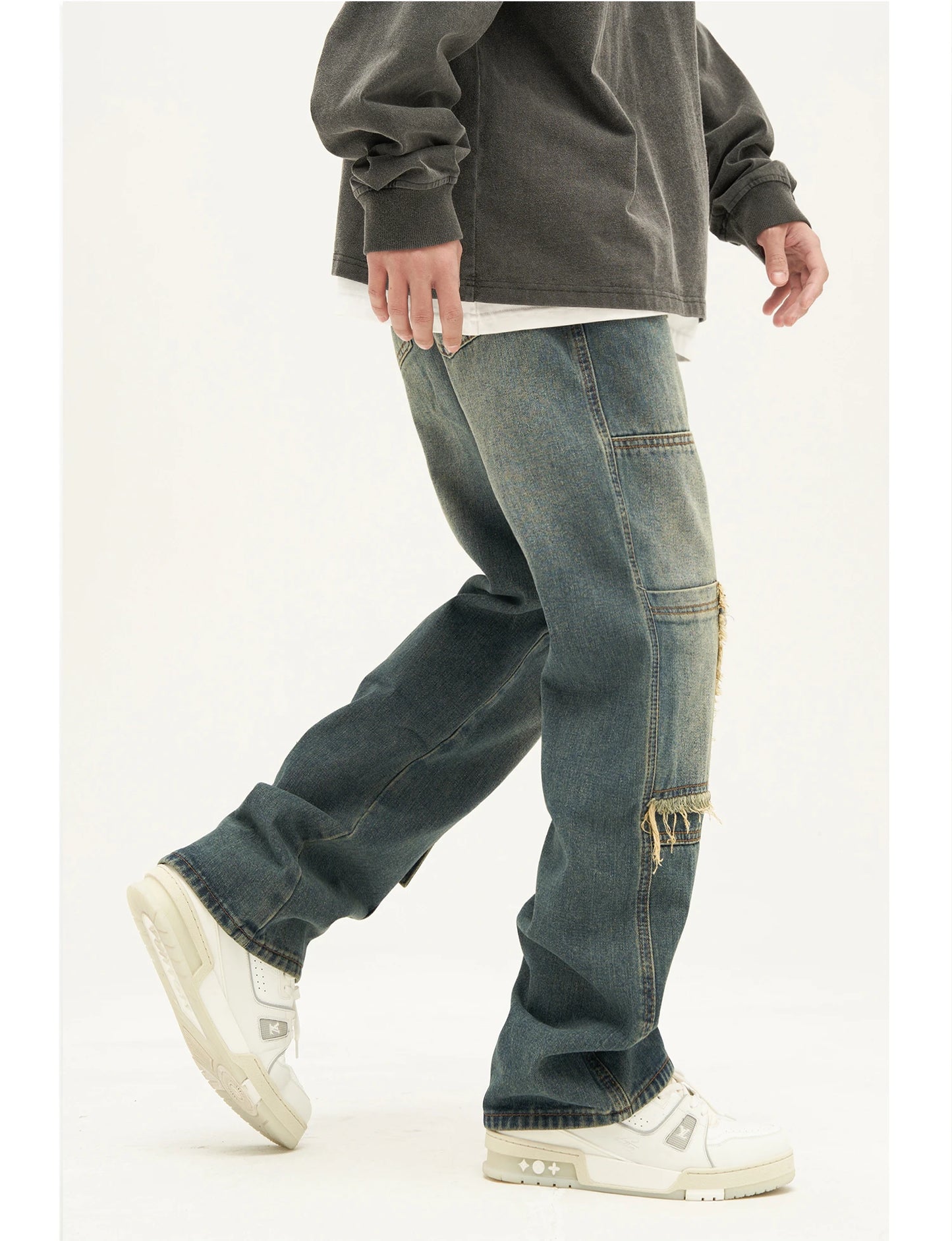 retro washed denim jeans destroyed ripped loose mens biker jeans side pocket fashion streetwear hip hop straight pants joggers unique joggers style 1200