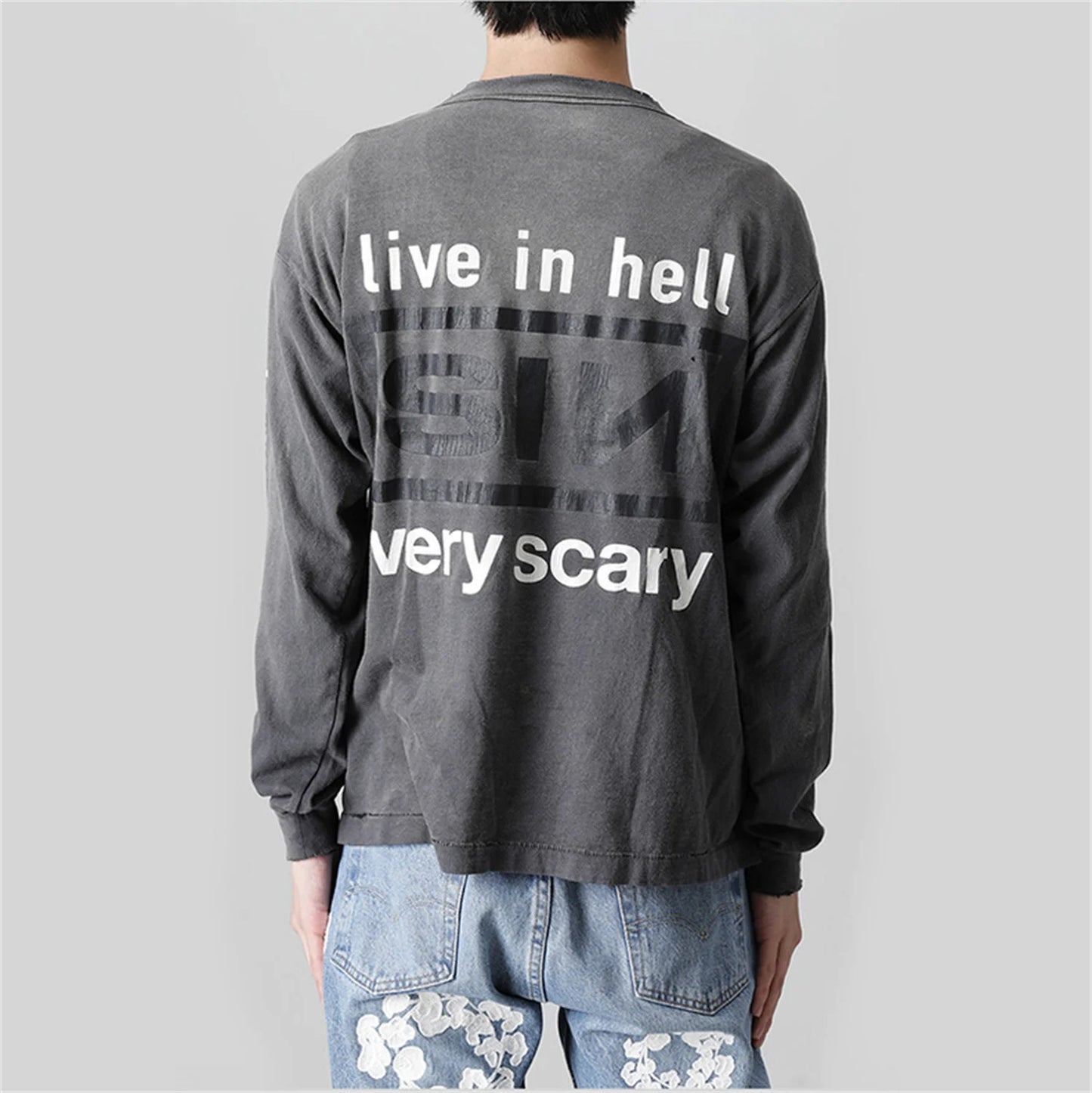 Summer Retro Vintage SIN Print High-Street Distressed Worn Cotton Casual Loose Long Sleeve T-Shirt Pullover Street King Limited