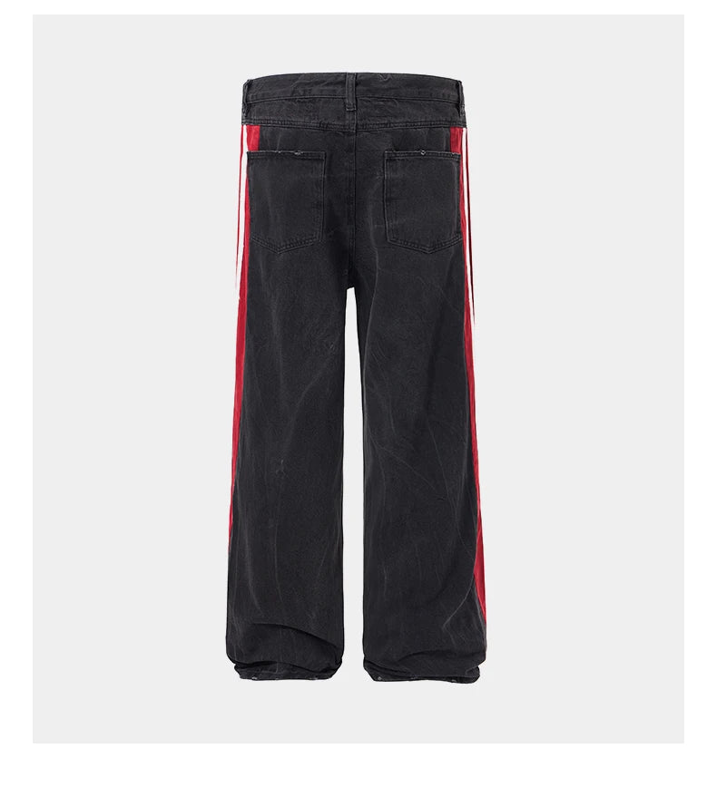 men streetwear fashion side splice hip hop loose casual wide leg straight baggy jeans pant cityboy jeans pants trousers unique jeans style 2483