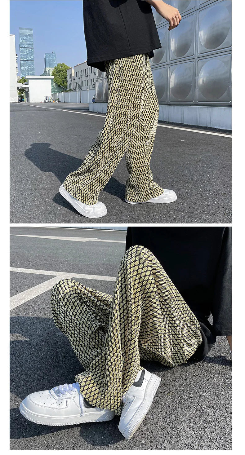 Summer Pleated Pants Men Fashion Casual Plaid Pants Men Streetwear Korean Loose Straight Ice Silk Pants Mens Plus Size Trousers Street King Limited
