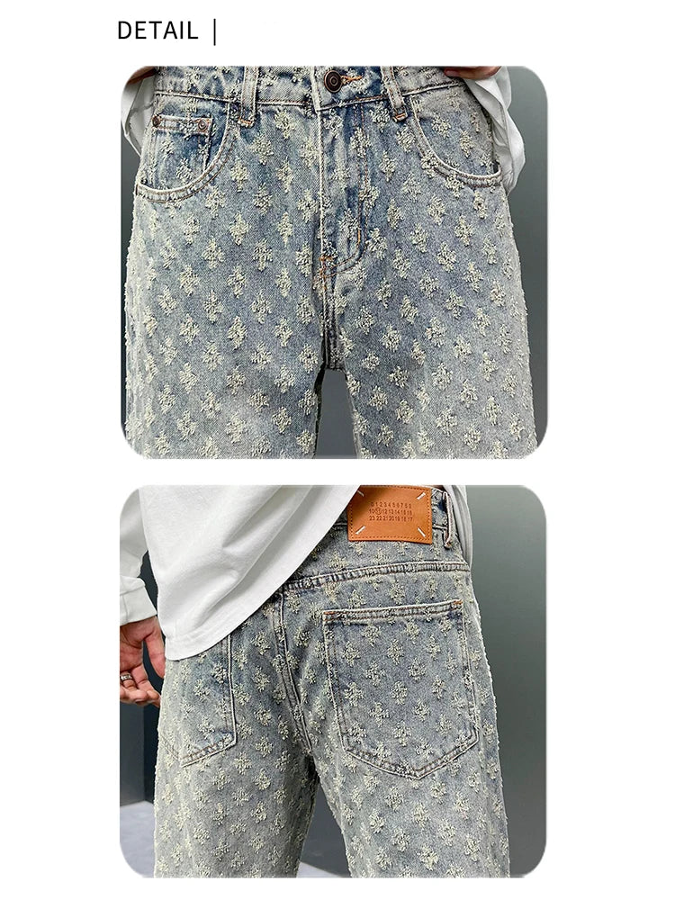 Men Wide Leg Denim Pants High Street American Retro Jacquard Loose Straight Jeans Y2K Fashion Streetwear Baggy Trousers Street King Limited