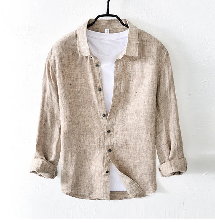 Vintage Linen Shirt Men Spring Autumn New Khaki Lapel Loose Long Sleeve Shirt Retro Casual Solid Breathable Cardigan Top Tees Street King Limited