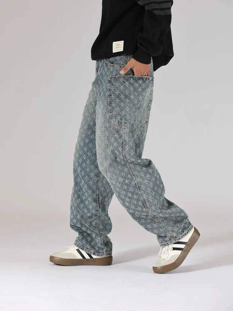 men brand fashion loose casual splice pocket jacquard vintage wide leg baggy jeans cityboy denim baggy jeans pants trousers unique jeans style 2851