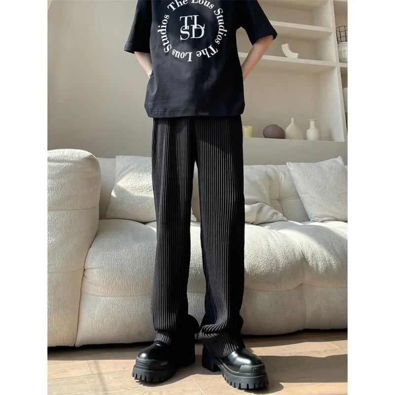 Summer Pleated Pants Men Oversized Fashion Casual Ice Silk Pants Men Streetwear Hip Hop Loose Wide Leg Pants Mens Trousers S-2XL Street King Limited