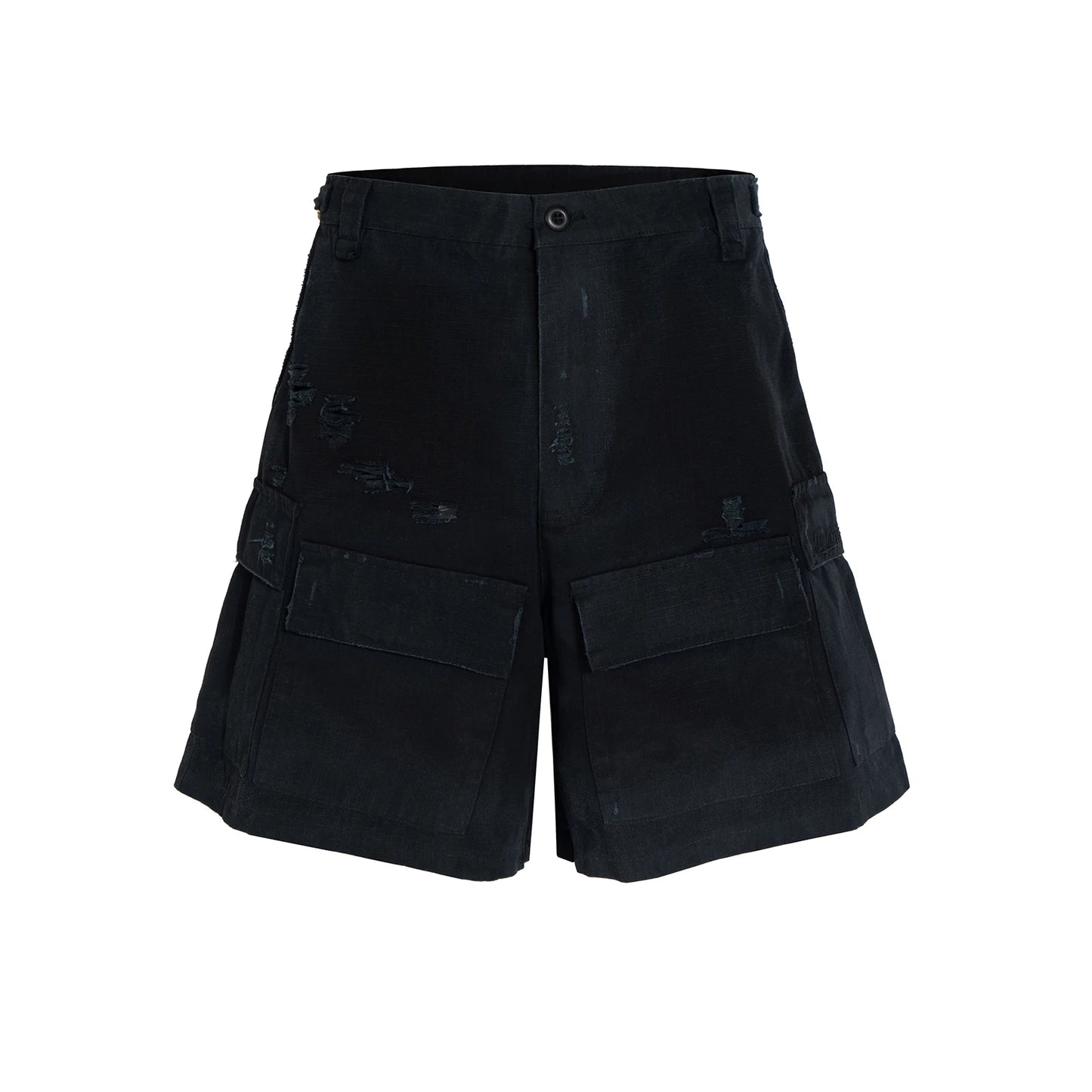 vintage ripped damaged black cargo shorts for men high street wide leg baggy overalls distressed summer knee length pants military streetwear pants