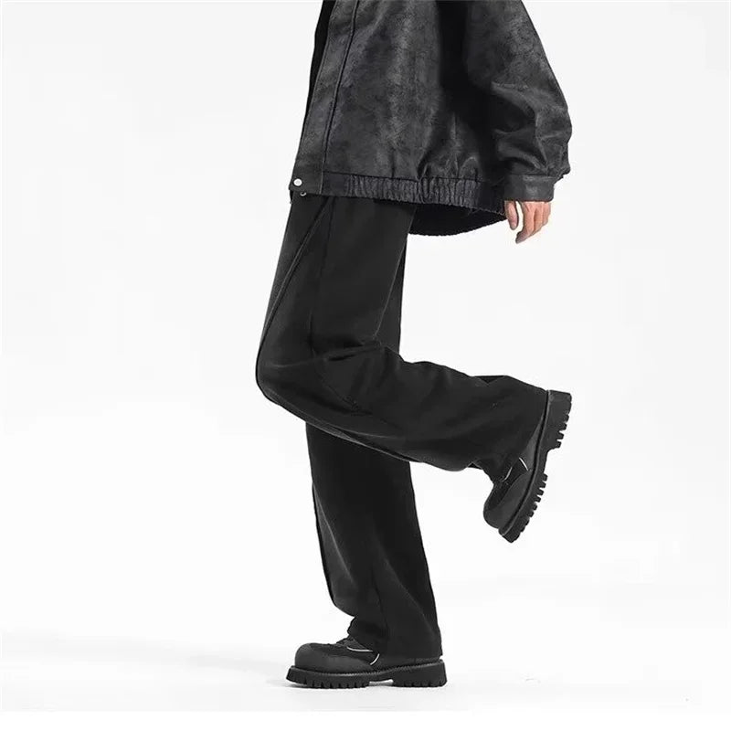 autumn mens high street pleated straight pants korean fashion elastic waist pockets trousers y2k vintage pantalones hombre clean everyday pants