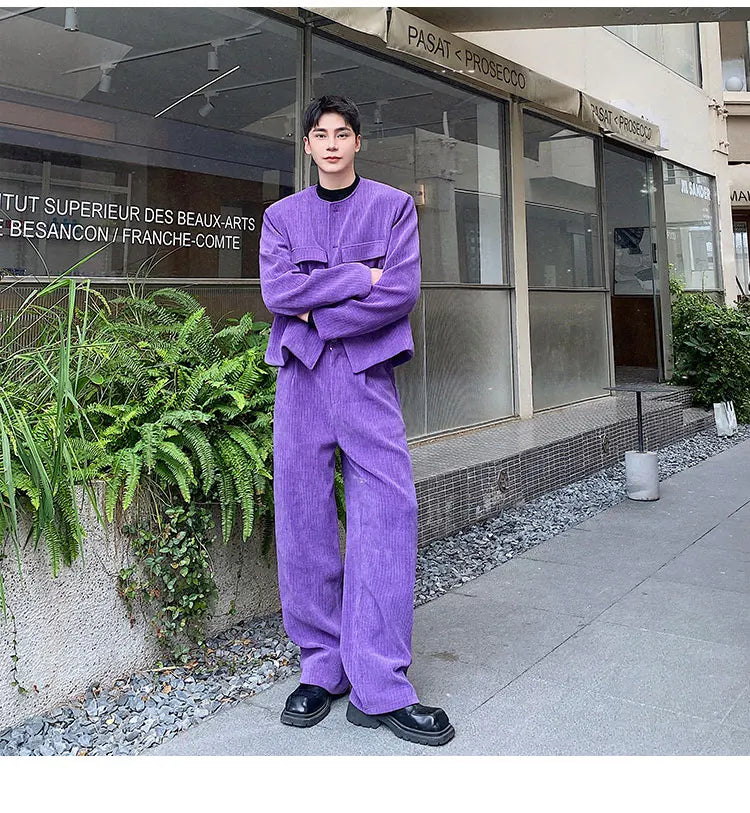 men 2 pieces sets corduroy short jacket wide leg pant suits korean streetwear fashion loose casual retro coat baggy trousers unique shorts style 2685