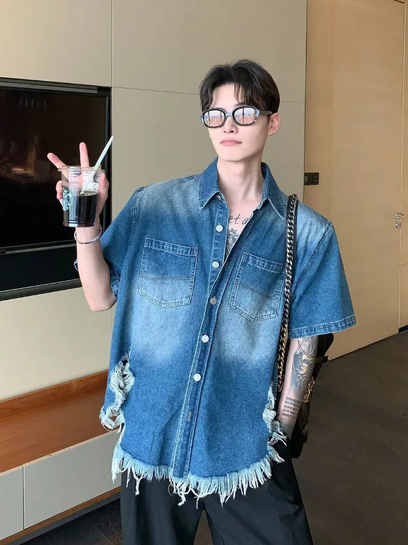 summer trend mens set shoulder padded short sleeved denim shirt quick drying casual pants 2 pcs set american retro street suit unique jeans style 3895