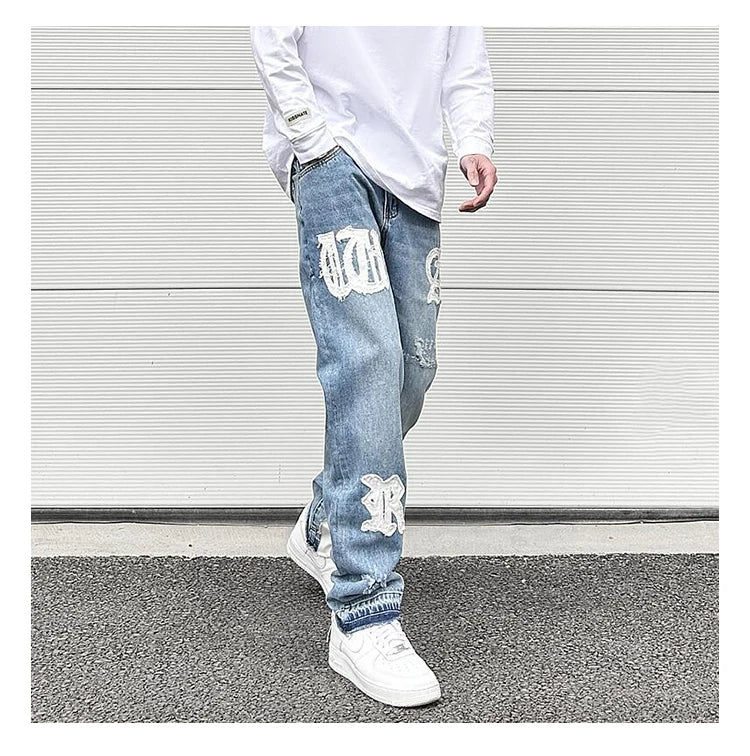 letters patckwork bottom ripped denim jeans men casual straight biker trousers fashion streetwear hip hop jean pants joggers unique joggers style 2728