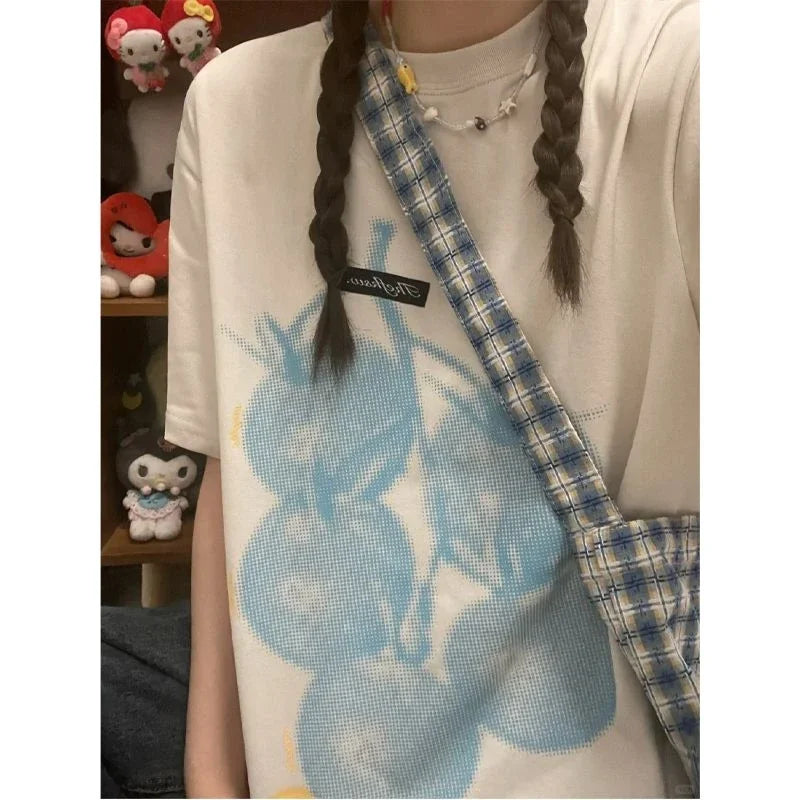 Summer Korean Street Printed Short-sleeved T Shirt Fashionable Women Retro Hip-hop Y2K Personality Harajuku Loose Design Top Ins Street King Limited