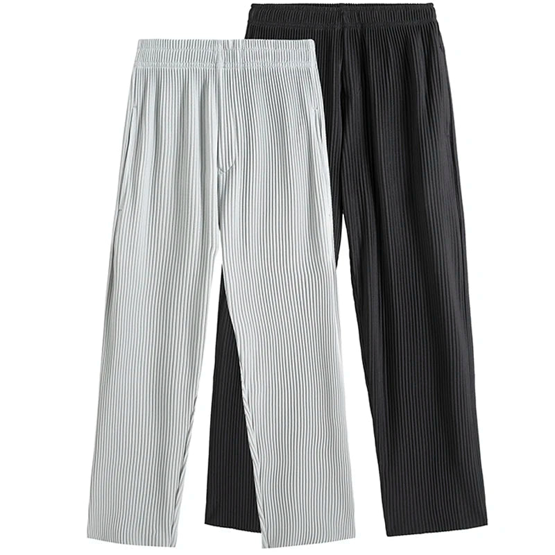 Summer Pleated Pants Men Fashion Gray Black Casual Pants Men Japanese Streetwear Loose Straight Ice Silk Pants Mens Trousers Street King Limited