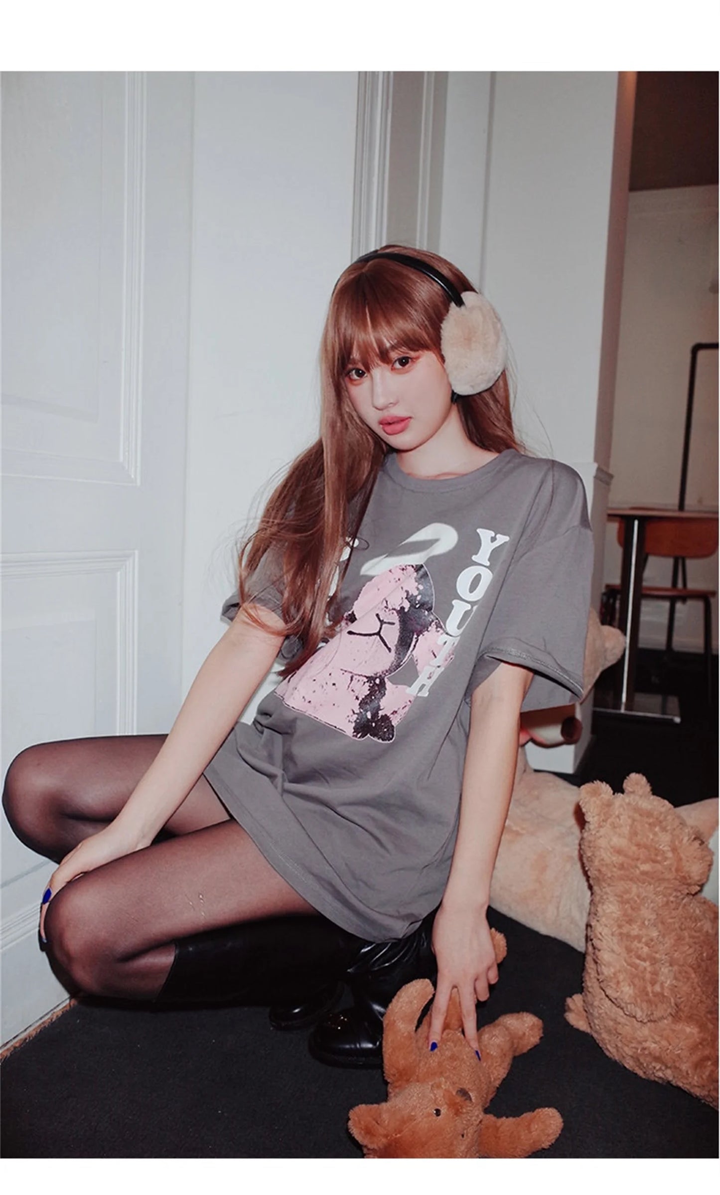 Summer New Vintage Pink Lamb Printing Distressed Retro High-Street Tops T-Shirt Street King Limited