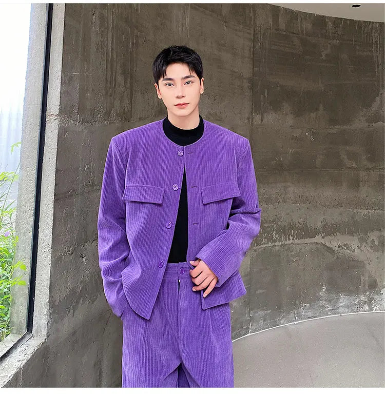 men 2 pieces sets corduroy short jacket wide leg pant suits korean streetwear fashion loose casual retro coat baggy trousers unique shorts style 2690