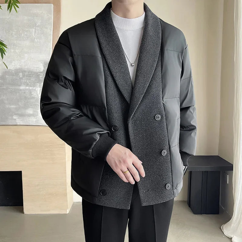 men winter woolen splice cotton padded business casual thicken warm jacket korean streetwear fashion parkas coat outerwear unique default style 1478